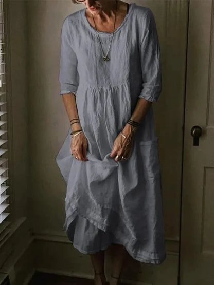 Womens Casual Round Neck Linen Solid Long Maxidress