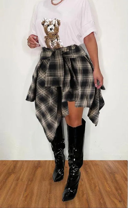 Women's Fashion Plaid Print Asymmetrical Hem High Waisted Skirt
