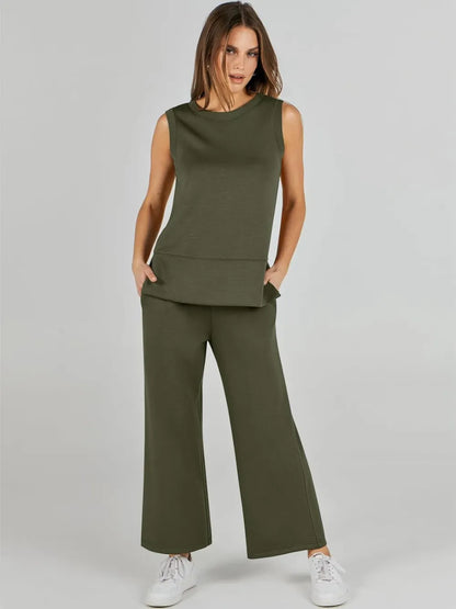 Women's 2 Piece Sets Summer Outfits Sleeveless Wide Leg Tracksuits Casual Sweat Sets Lounge Sweatsuits