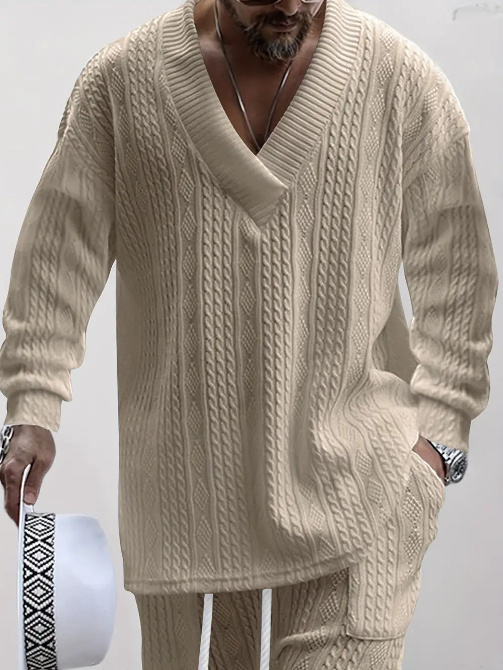Mens V Neck Sweatshirt Jacquard Tracksuit 2 Piece Men Baggy Sweatsuit Sets Men's Jogging Tracksuit Set Outfit for Men