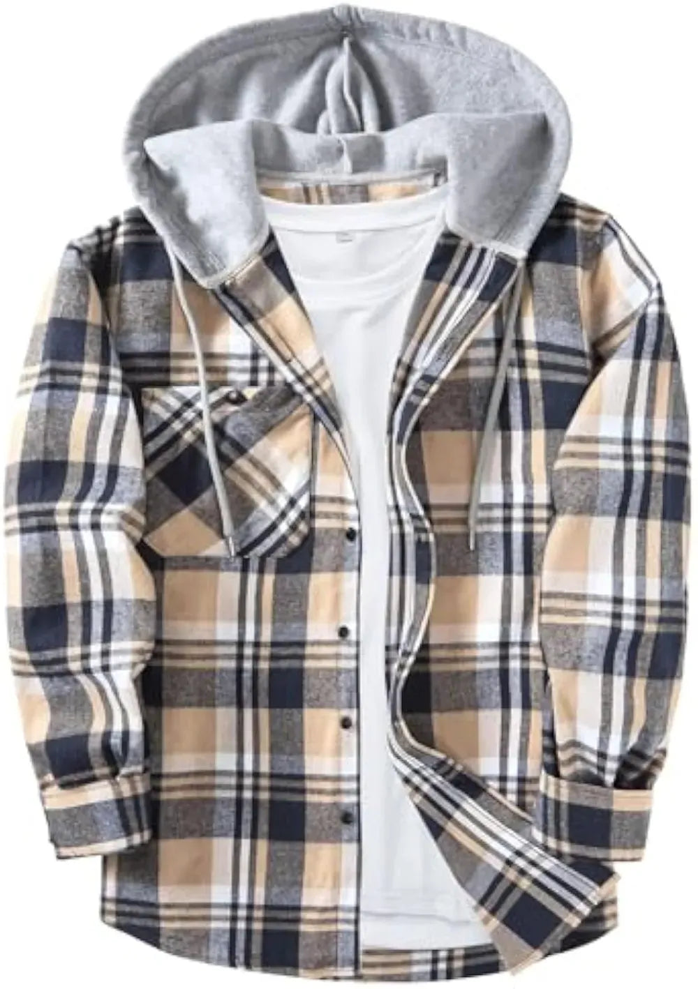Men’s Plus Size Plaid Patchwork Hooded Jacket – Button Front Casual Outerwear with Pockets