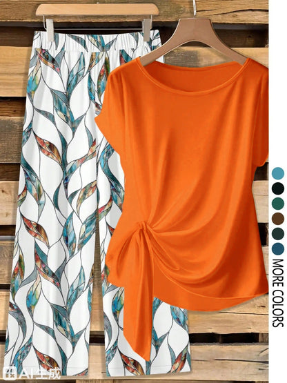 Women's Casual Printed Necktie Shirt and Loose Straight Pants Two-Piece Set