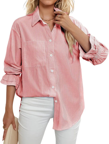 Women's Striped Button Down Shirts Smocked Cuffed Boyfriend Shirt Long Sleeve Blouse Top with 3 Pockets