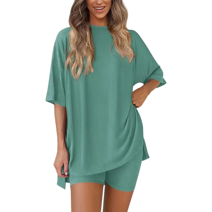 Women's Casual Oversized Crewneck Split Hem Shirts & Side Pocket Shorts Set