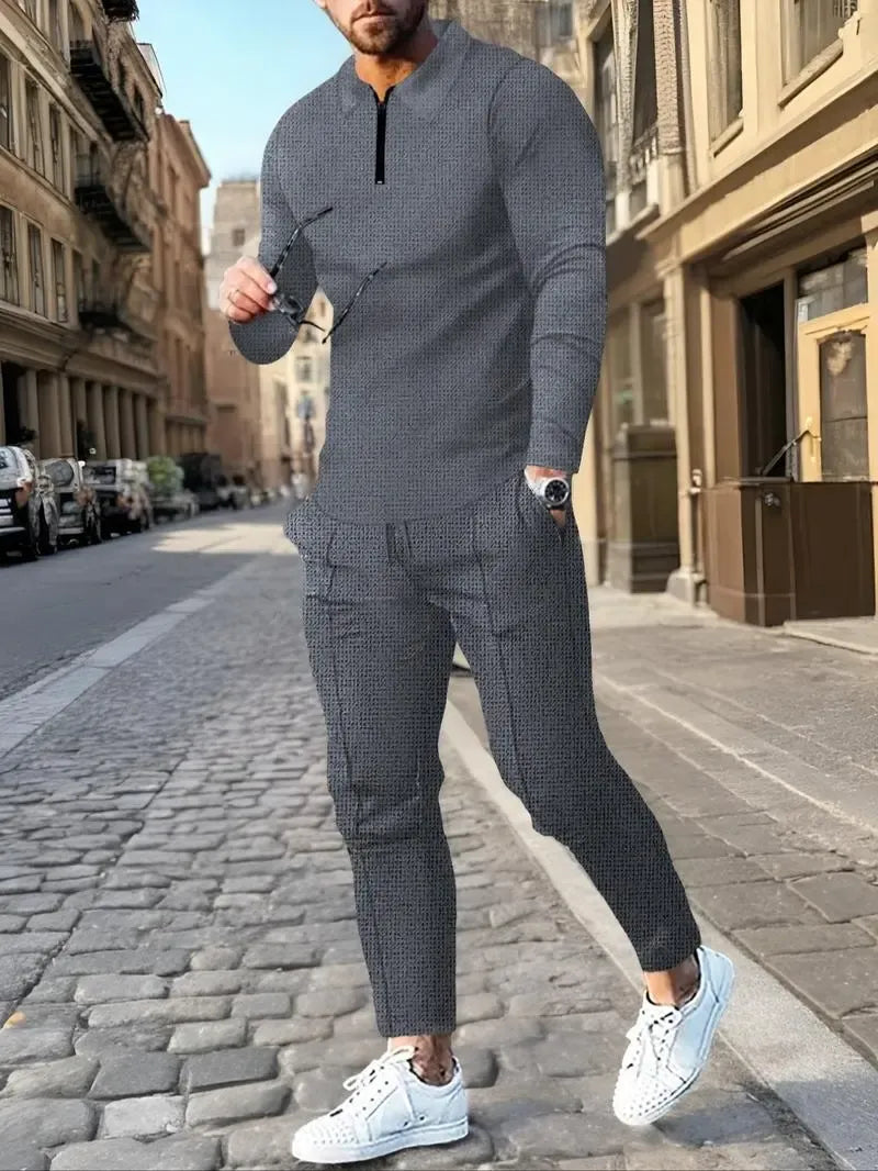 Men's Solid Textured Long Sleeve Polo Shirt & Drawstring Waist Pants Set