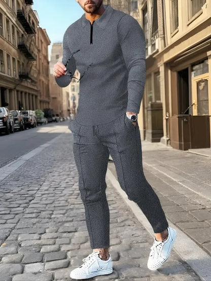 Men's Solid Textured Long Sleeve Polo Shirt & Drawstring Waist Pants Set