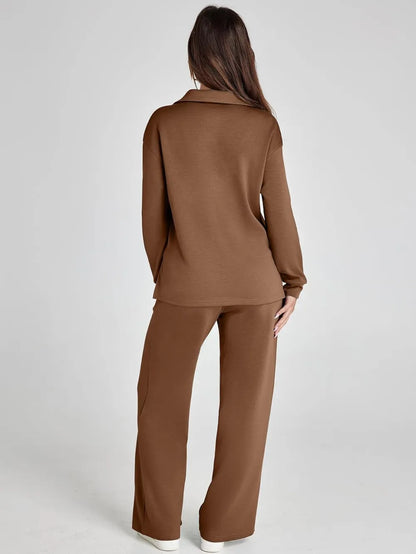Women's 2 Piece Sets Outfits Casual Long Sleeve Sweatsuits Polo Top and Wide Leg Pants Matching Sets