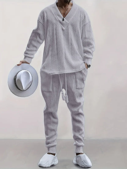 Mens V Neck Sweatshirt Jacquard Tracksuit 2 Piece Men Baggy Sweatsuit Sets Men's Jogging Tracksuit Set Outfit for Men