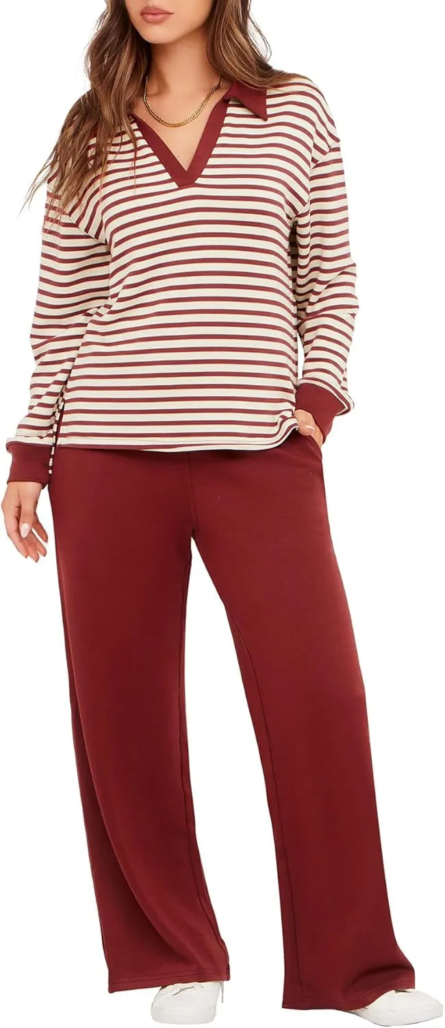 Women's 2 Piece Sets Outfits Casual Long Sleeve Sweatsuits Polo Top and Wide Leg Pants Matching Sets