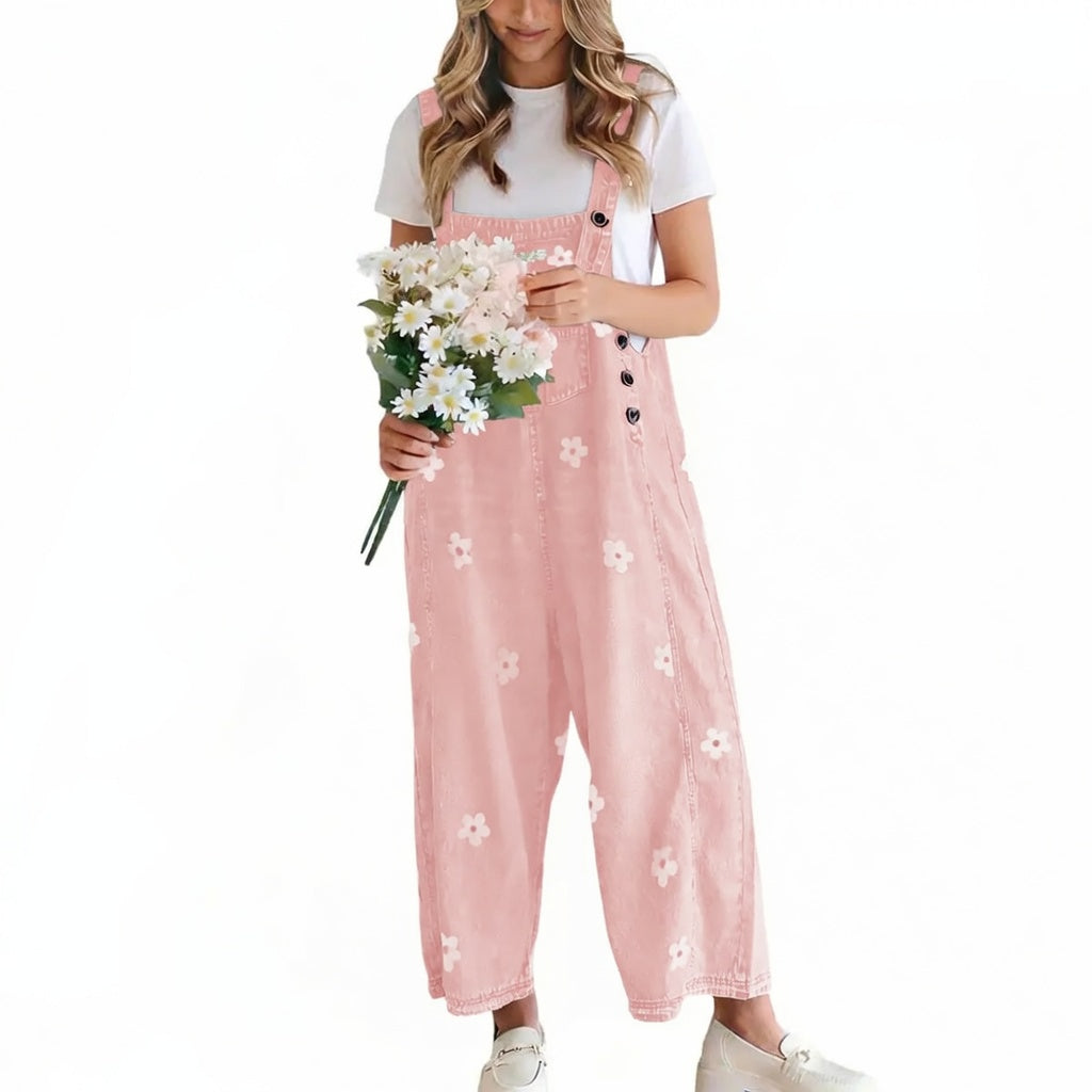 🔥Flash Sale🔥Women's Floral Printed Adjustable Strap Denim Bib Overall - Cute Chic Wide Leg Baggy Jeans Jumpsuit, Versatile Clothes for Matching Shirts