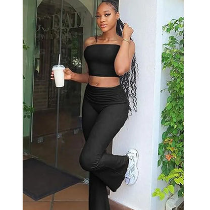 A two-piece set consisting of a cropped bandeau top and wide-leg pants.