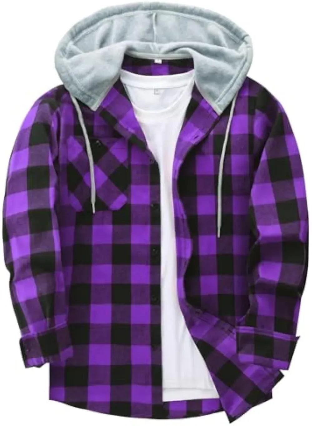 Men’s Plus Size Plaid Patchwork Hooded Jacket – Button Front Casual Outerwear with Pockets