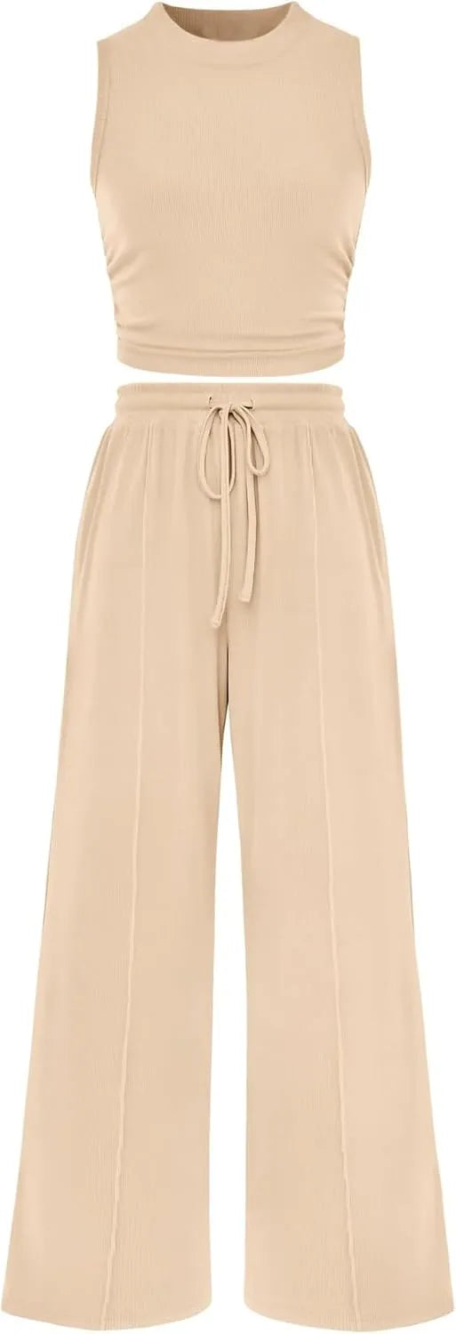 Women Summer 2 Piece Outfits Ribbed Knit Cropped Top Elastic Waist Wide Leg Pants Lounge Set