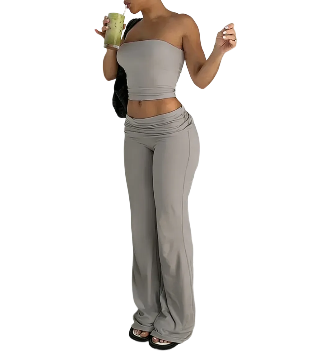 A two-piece set consisting of a cropped bandeau top and wide-leg pants.