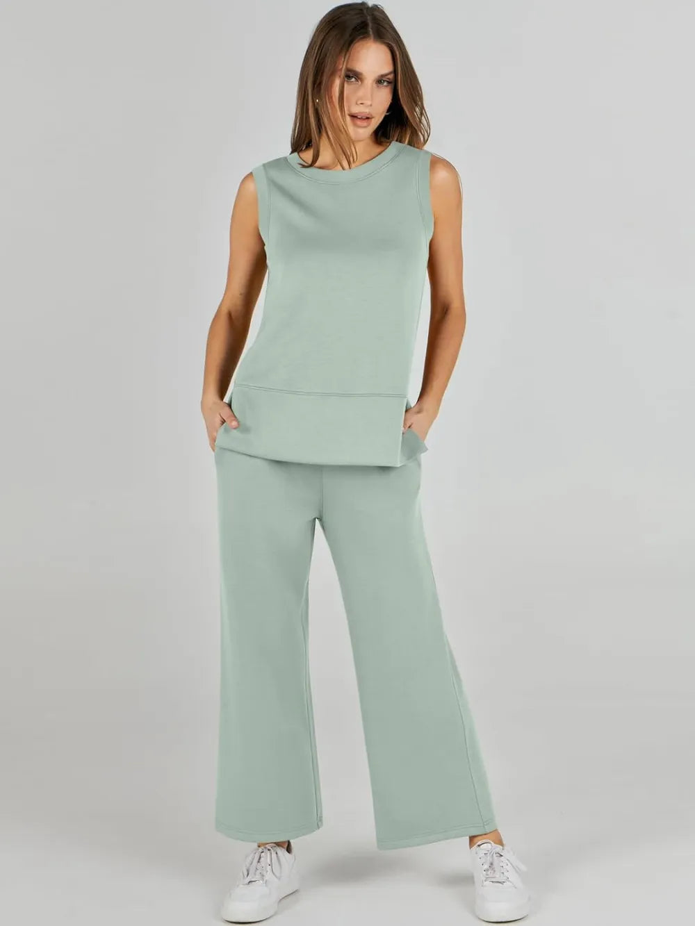 Women's 2 Piece Sets Summer Outfits Sleeveless Wide Leg Tracksuits Casual Sweat Sets Lounge Sweatsuits