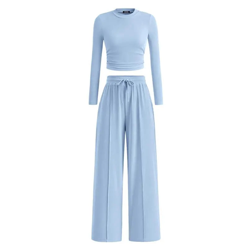 ✨2-Piece Ribbed Knit Long Sleeve Crop Top Wide Leg Pants Lounge Set🔥