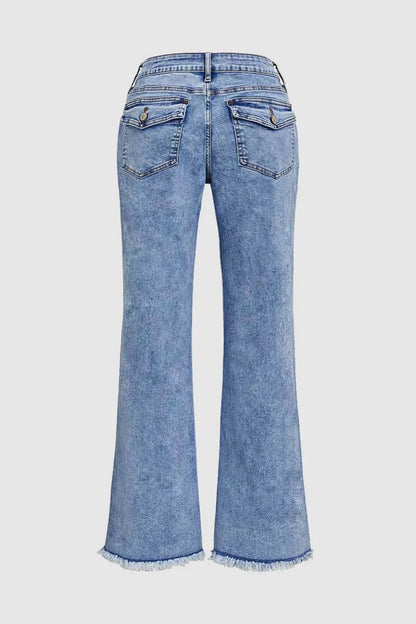 Wash Raw Hem Flap Pocket Wide Leg Low Rise Jeans