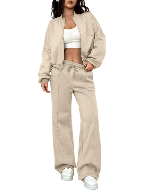 Two-piece Set Women's Solid Zip Up Drop Shoulder Jacket & Pocket Elastic Waist Pants