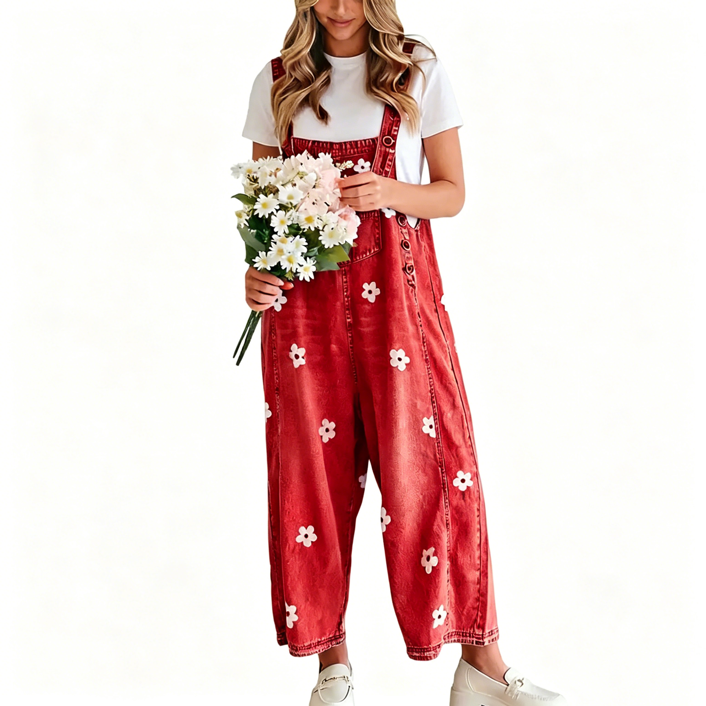 🔥Flash Sale🔥Women's Floral Printed Adjustable Strap Denim Bib Overall - Cute Chic Wide Leg Baggy Jeans Jumpsuit, Versatile Clothes for Matching Shirts