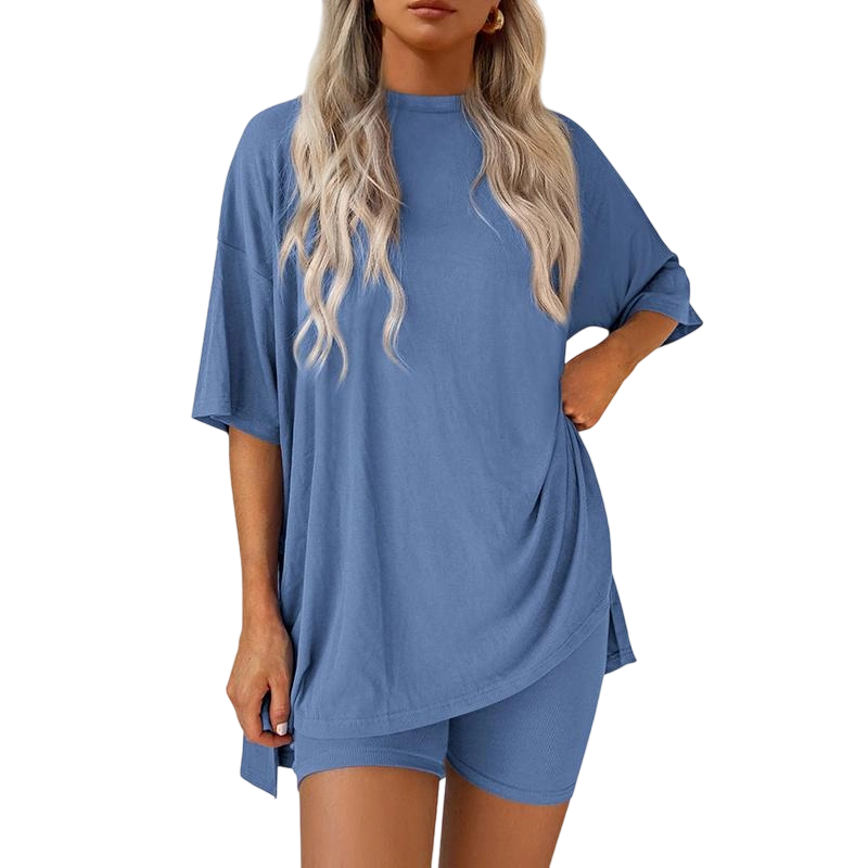 Women's Casual Oversized Crewneck Split Hem Shirts & Side Pocket Shorts Set