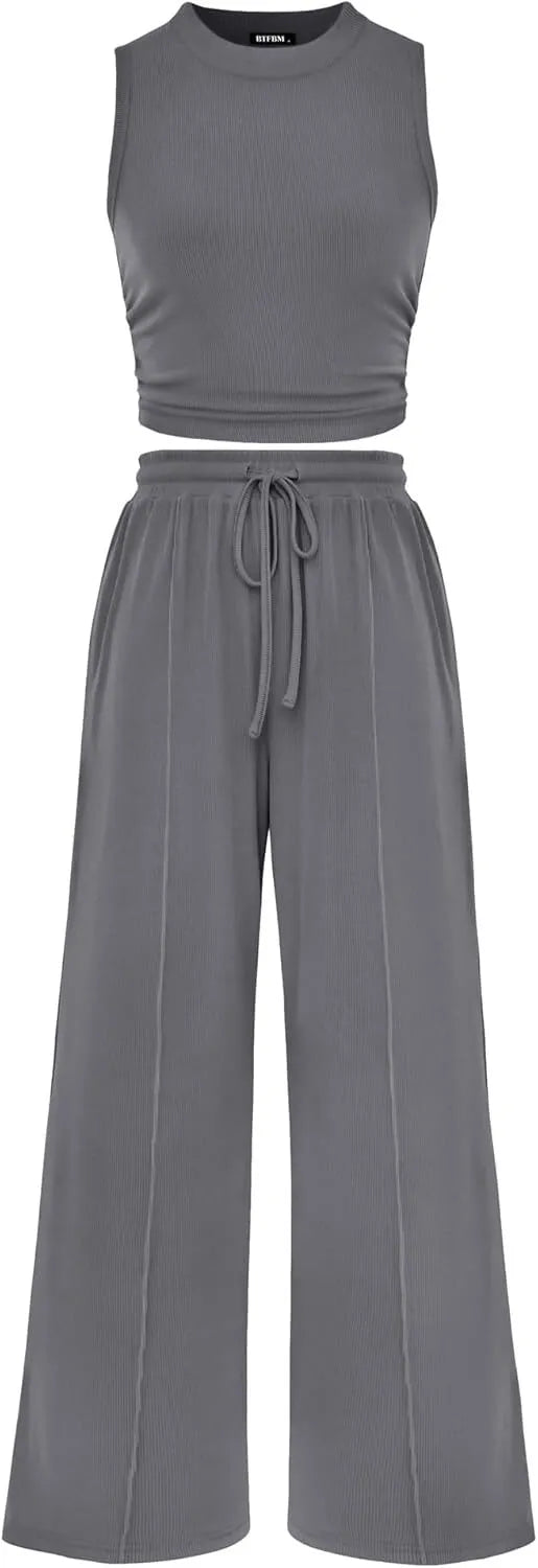 Women Summer 2 Piece Outfits 2026 Beach Crew Neck Sleeveless Cropped Top Elastic Waist Wide Leg Pants Lounge Set