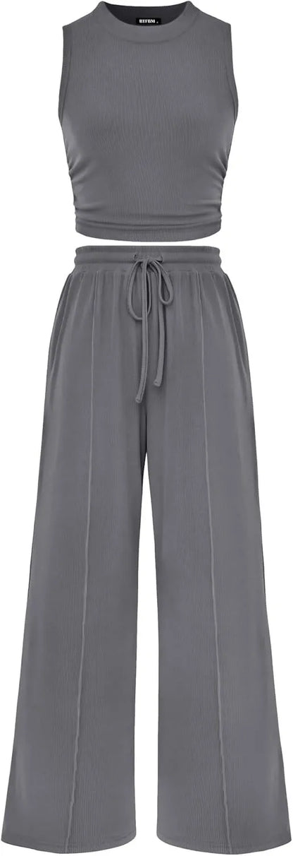 Women Summer 2 Piece Outfits 2026 Beach Crew Neck Sleeveless Cropped Top Elastic Waist Wide Leg Pants Lounge Set