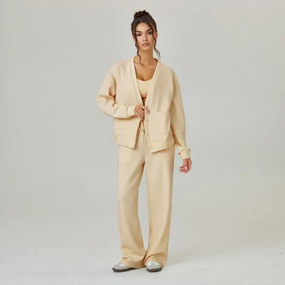 Women's Slouchy Solid Color V Neck Long Sleeve Button Cardigan & Drawstring Waist Trousers Co-ord