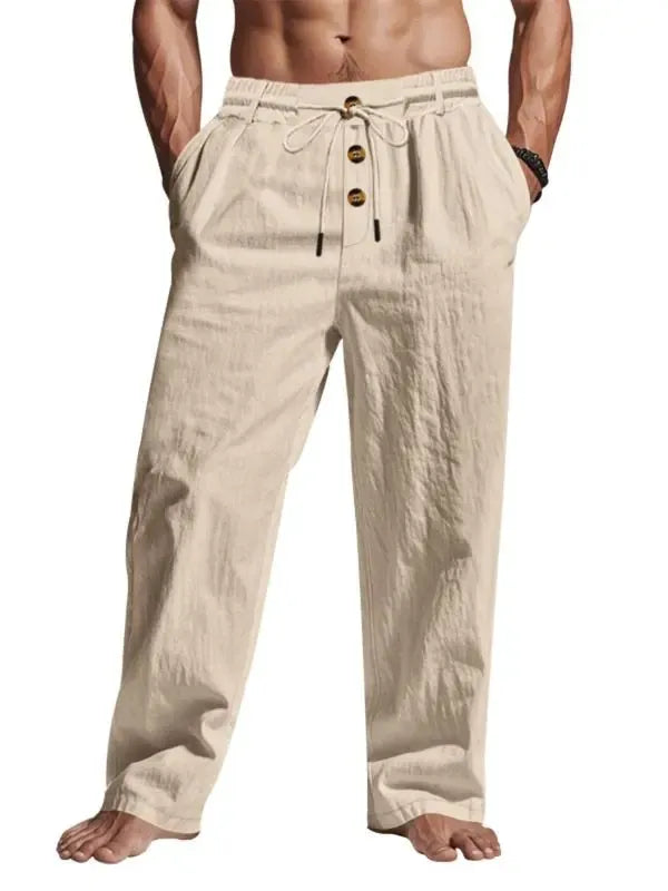 Men's Solid Button Design Linen Pants