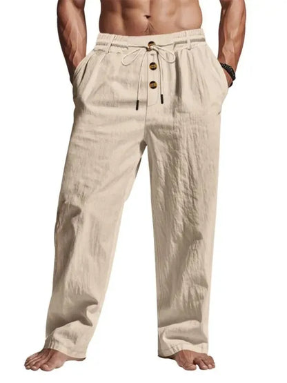 Men's Solid Button Design Linen Pants