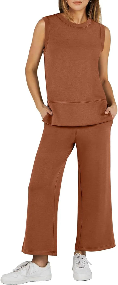 Women's 2 Piece Sets Summer Outfits Sleeveless Wide Leg Tracksuits Casual Sweat Sets Lounge Sweatsuits