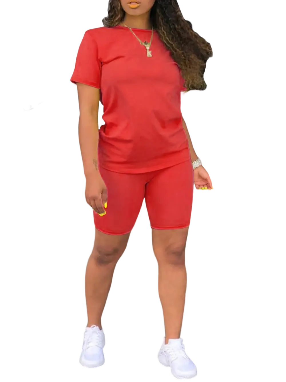Women's 2-Piece Plain Set: Fitted Crew Neck Tee & Skinny Shorts, Casual Summer Outdoor Outfit