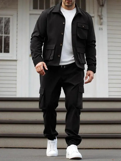 Men's Solid Color Pocket Button Front Shirt & Pants Two-Piece Set