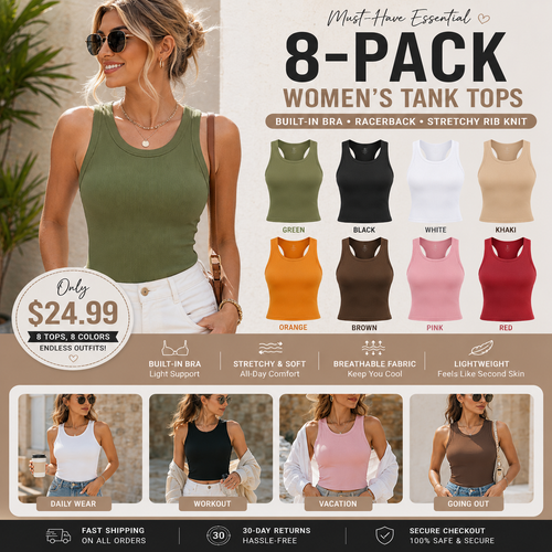This Week's Special Price🍃Round Neck Built-in Bra Ribbed Tank Top Fit Casual Comfortable💥