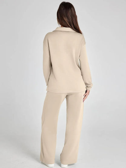 Women's 2 Piece Sets Outfits Casual Long Sleeve Sweatsuits Polo Top and Wide Leg Pants Matching Sets