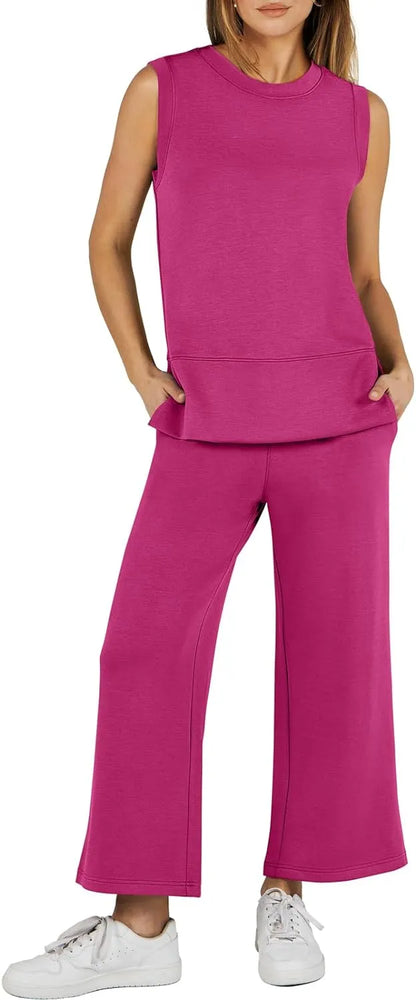 Women's 2 Piece Sets Summer Outfits Sleeveless Wide Leg Tracksuits Casual Sweat Sets Lounge Sweatsuits