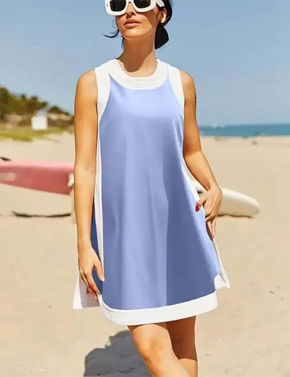Women's 2-Piece Sets Color Block Crewneck Sleeveless Top + Skirt & Shorts w/ Pockets