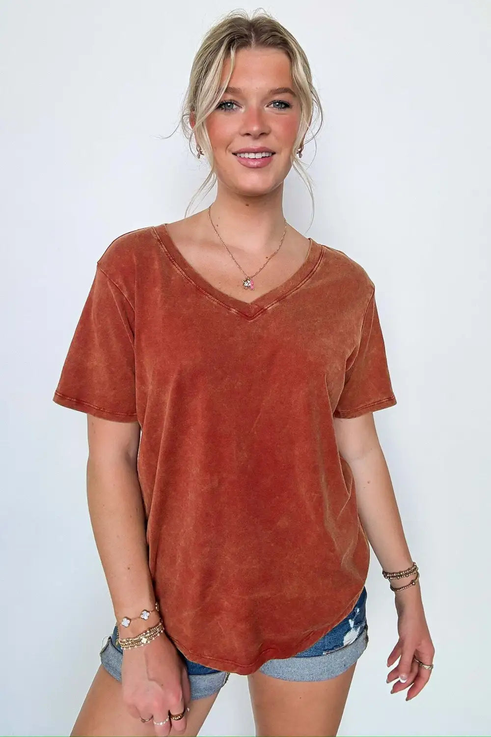 Soliel Acid Wash V-Neck Relaxed Fit Top - BACK IN STOCK
