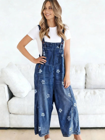 🔥Flash Sale🔥Women's Floral Printed Adjustable Strap Denim Bib Overall - Cute Chic Wide Leg Baggy Jeans Jumpsuit, Versatile Clothes for Matching Shirts