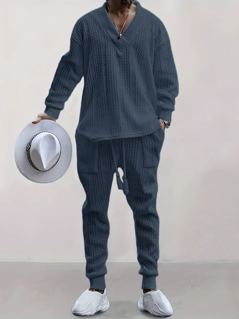 Mens V Neck Sweatshirt Jacquard Tracksuit 2 Piece Men Baggy Sweatsuit Sets Men's Jogging Tracksuit Set Outfit for Men