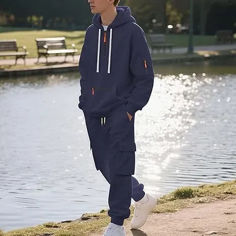 Men’s Fleece-Lined 2-Piece Tracksuit: Tactical Quarter-Zip Hoodie + Cargo Joggers