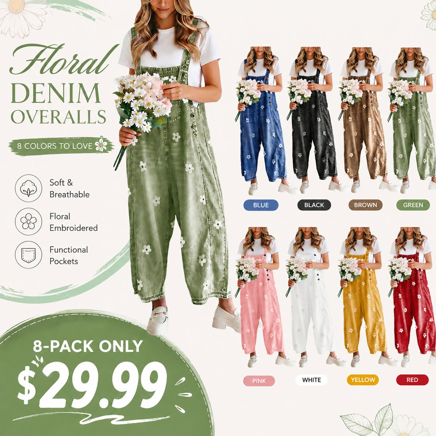🔥Flash Sale🔥Women's Floral Printed Adjustable Strap Denim Bib Overall - Cute Chic Wide Leg Baggy Jeans Jumpsuit, Versatile Clothes for Matching Shirts