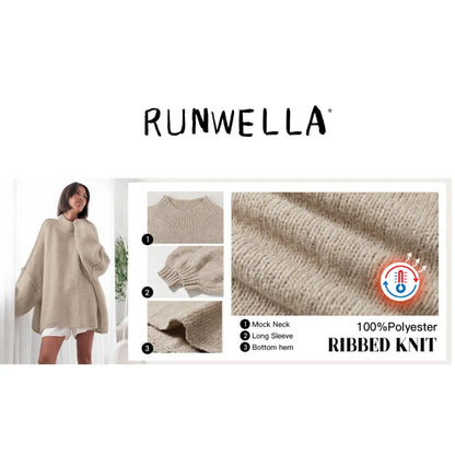 ✨Womens Oversized Mock Neck Batwing Long Sleeve Ribbed Knit Casual Tunic Sweater🔥