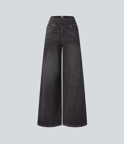 💝Last Day Promotion⚡High Waisted Multiple Pockets Baggy Wide Leg Washed Stretchy Knit Casual Jeans