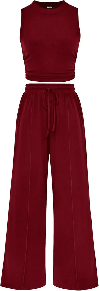 Women Summer 2 Piece Outfits 2026 Beach Crew Neck Sleeveless Cropped Top Elastic Waist Wide Leg Pants Lounge Set