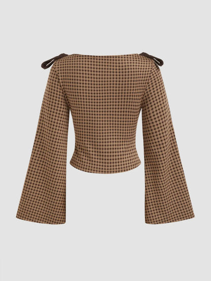 Boat Neck Gingham Bowknot Ruched Long Sleeve Top