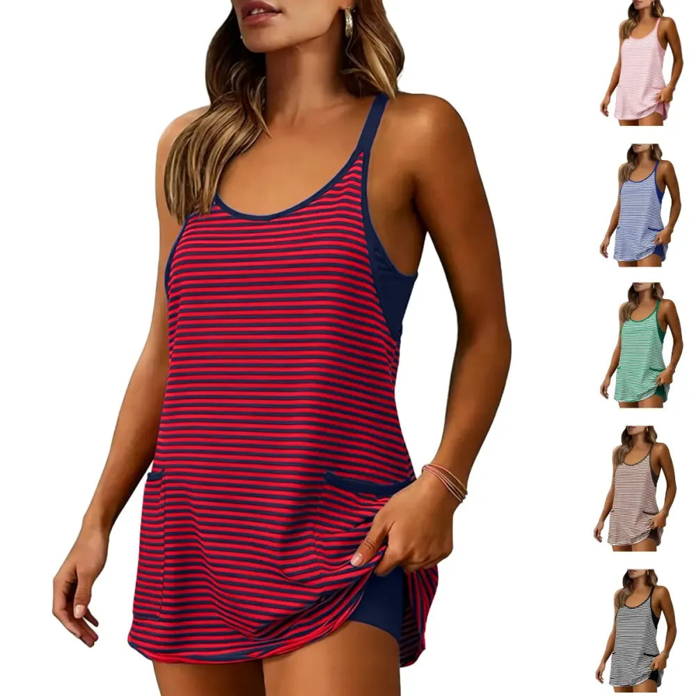 Women's Summer Sleeveless 4th Of July Striped Mini Dress with Built-in Shorts V Neck Spaghetti Straps Athletic Shorts Tennis Dress with Pockets