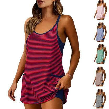 Women's Summer Sleeveless 4th Of July Striped Mini Dress with Built-in Shorts V Neck Spaghetti Straps Athletic Shorts Tennis Dress with Pockets