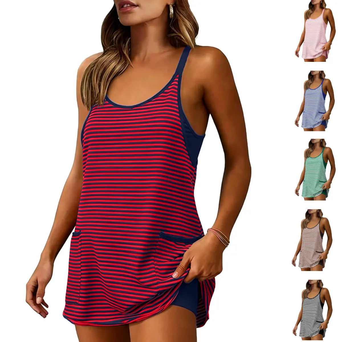 Women's Summer Sleeveless 4th Of July Striped Mini Dress with Built-in Shorts V Neck Spaghetti Straps Athletic Shorts Tennis Dress with Pockets