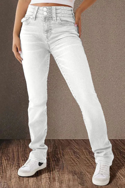 Double Button Mid Waist Straight Leg Jeans