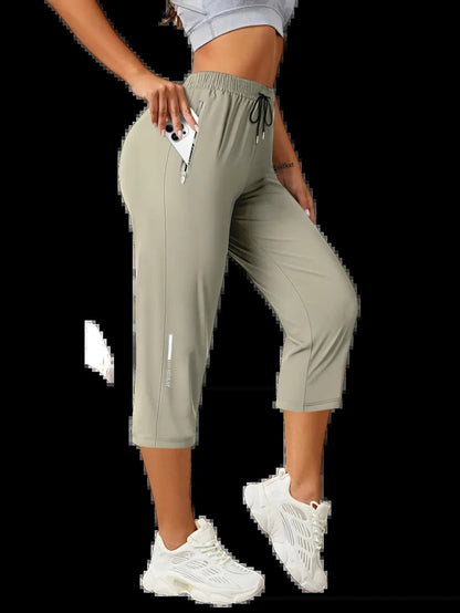 Women's Capris Pants - Loose Fit, Summer Drawstring Waist, Zippered Pockets, Breathable High-Stretch Fabric, Suitable for Everyday Wear